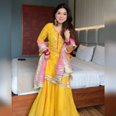 Women's Yellow Chinnon Silk Embroidery Kurta Sharara With Dupatta-MED3-6062